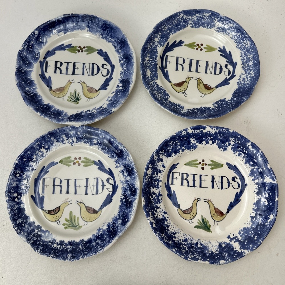 4 Bruce Stebner Hand Painted Ceramic Plate Friends Birds 7" Suffield, Ohio 1995